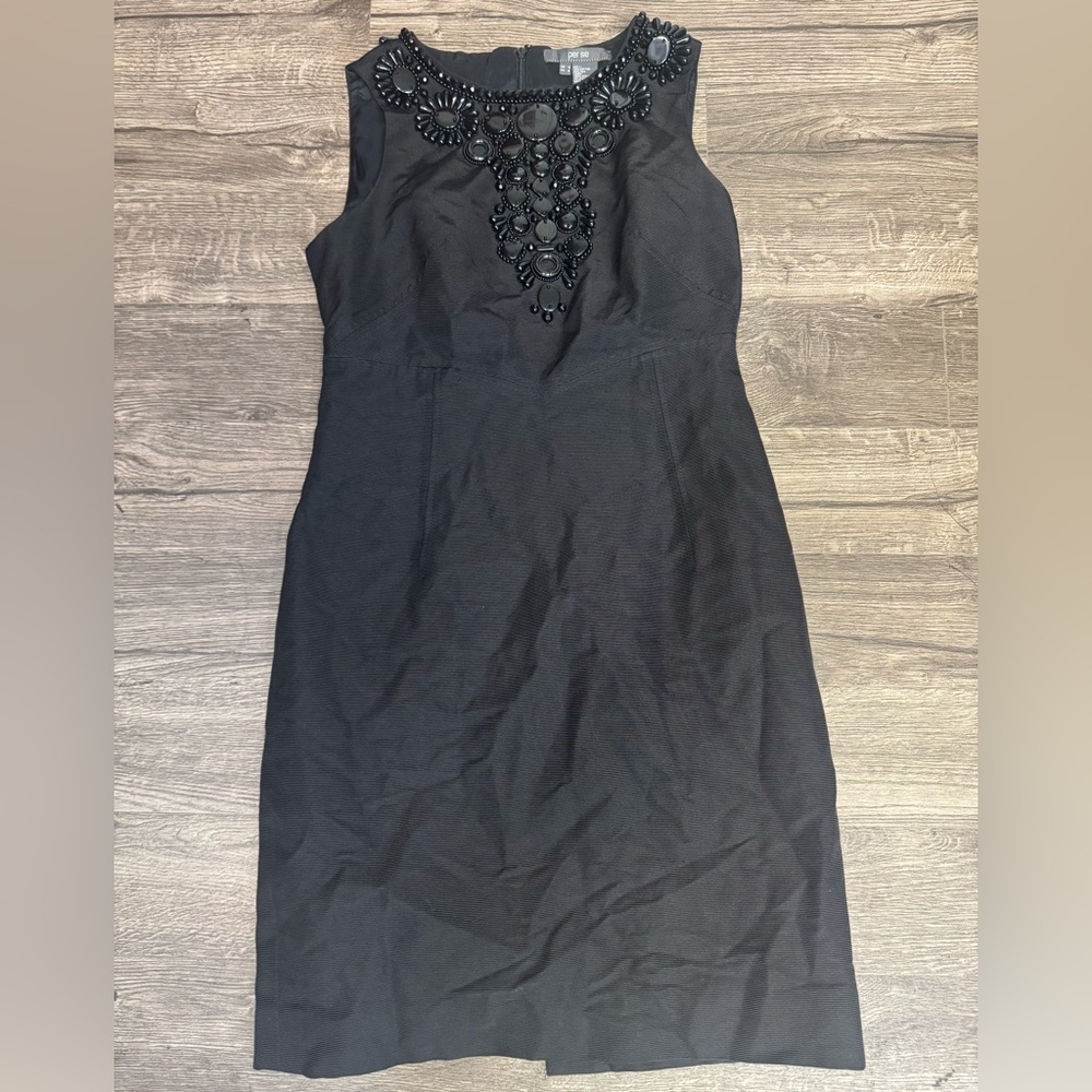 Per Se Black Midi Dress with Embellished Neckline